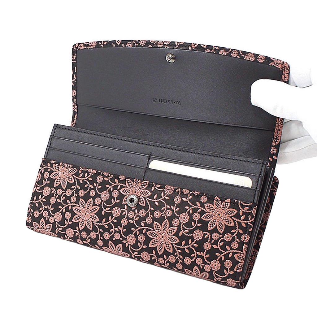 Indenya Inden Long Wallet, Large Capacity, Deerskin Leather, Black with Pink Lacquer, Clematis Pattern, 2310-51-169