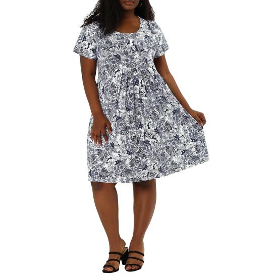 Women Dress Round Neck Short Sleeve Pleated Detail Short Dress Floral Print Flowy Hem Loose Fit Dress Plus Size