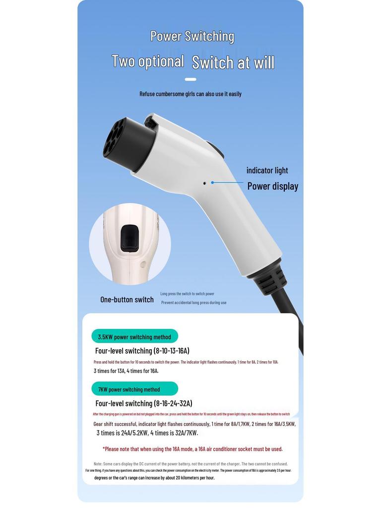Încărcător Portabil pentru Vehicule Electrice 16A/32A - 3.5/7kW Pistolet de Încărcare Fără Împământare pentru Mașini cu Energie Nouă