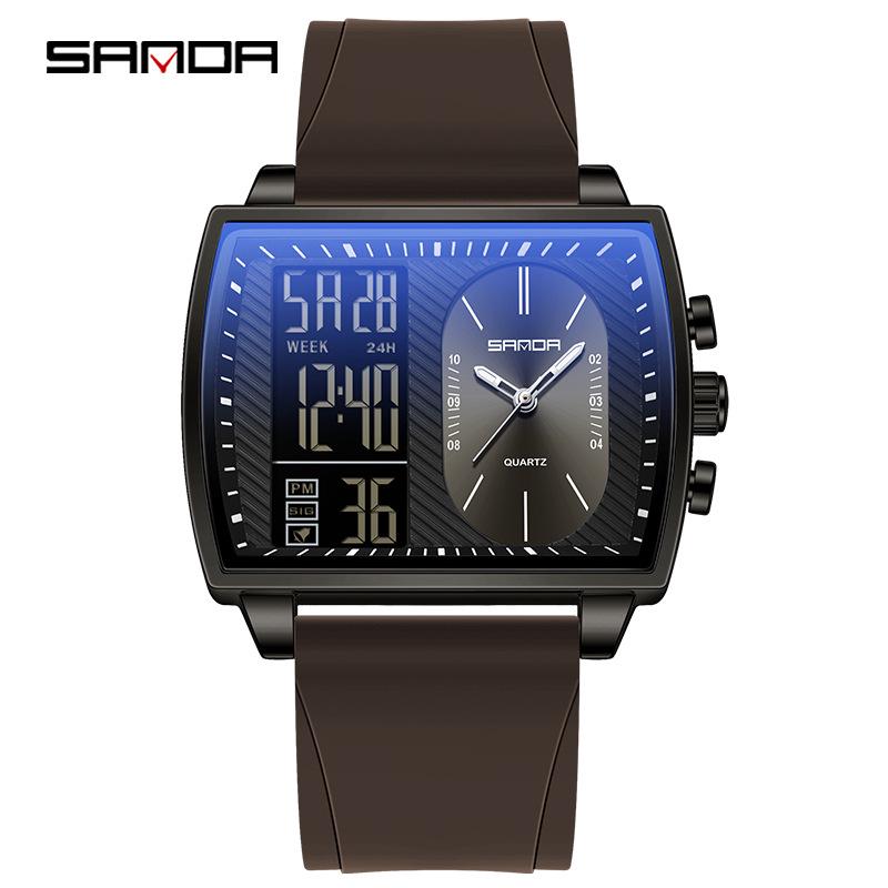 שעון ספורט רב-תכליתי עמיד למים לגברים מבית Sanda עם תצוגה כפולה מסוגננת.