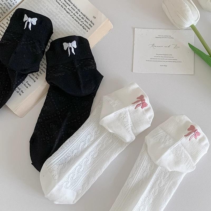 1Pairs Women Short Socks Harajuku Cute Embroidery Bow knot Casual Funny Ankle Socks Spring /Summer Breathable Female Tube Sock #