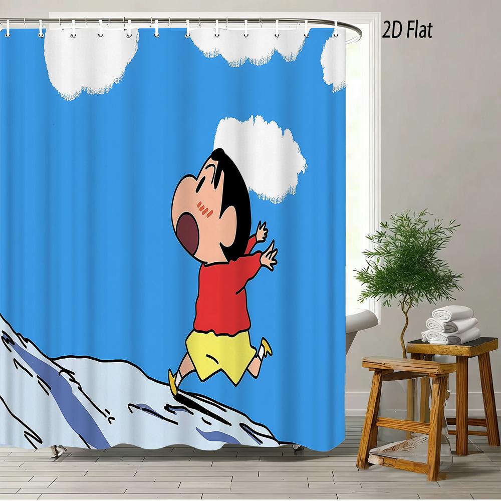 Crayon Shin-Chan Running & Cheering On Mountain Top 2D Print Waterproof Shower Curtain, Minimalist Blue Sky Bathroom Decor With