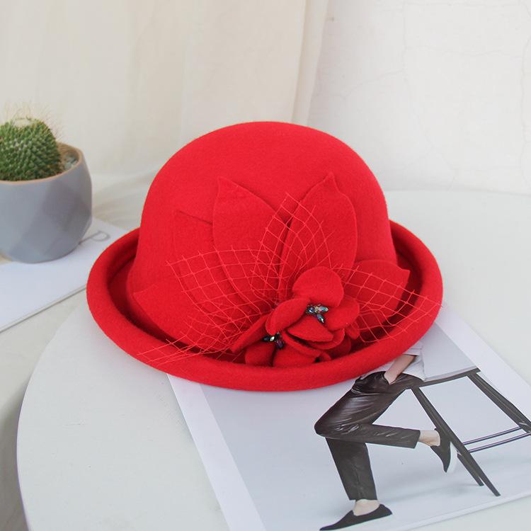 Hat Women'S Autumn And Winter Fashion Flower Bucket Hat Korean Version Of Crimped Wool Hat Women'S British Retro Bowler Hat