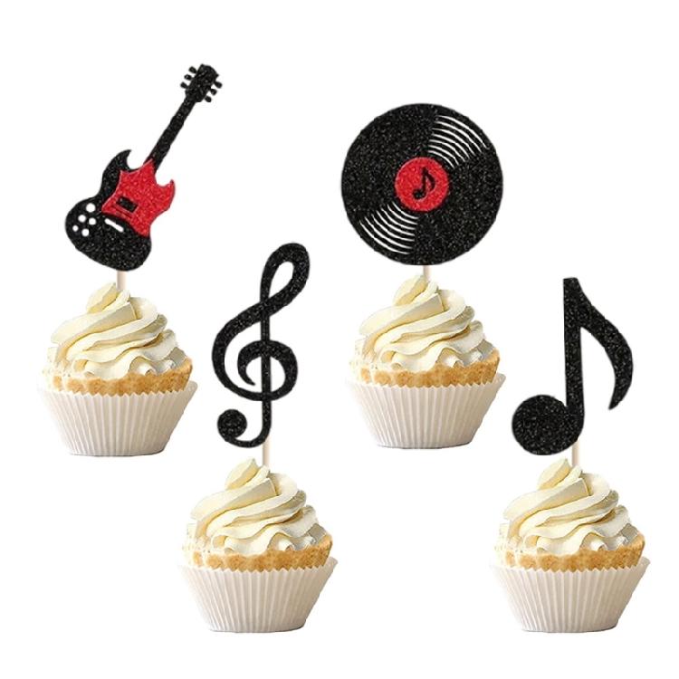 Confezione da 24 Topper per Torta Note Musicali Neri Scintillanti Decorazioni per Cupcake in Carta Stile Retrò per Eventi Festival
