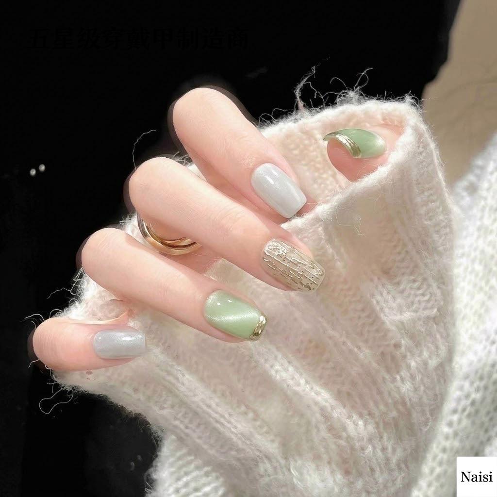 French Translucent Cat Eye Press-On Nails: Gilded Short Style in Fresh Ice Green