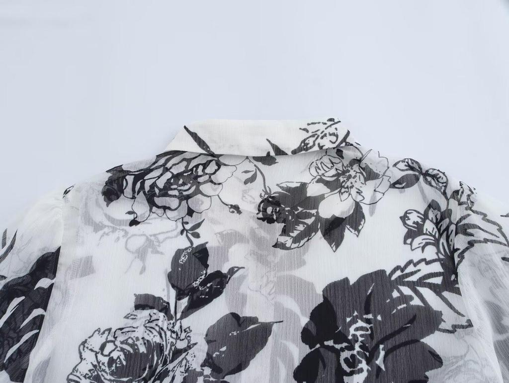 2025 Spring Women's European & American Style Ruffle Trim Printed Chiffon Long Sleeve Shirt