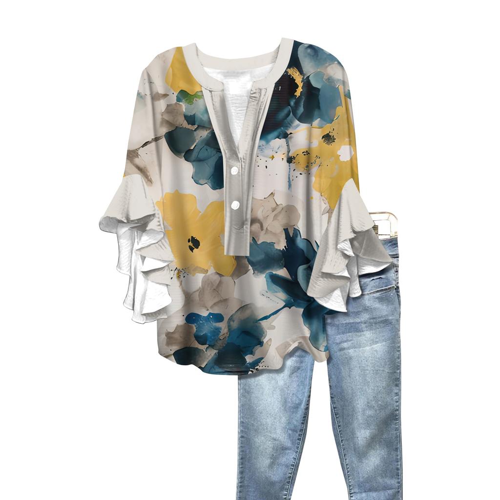 Summer Women's Tops V-Neck Seven Sleeve Shirt Spring Summer Floral Printed Tops Casual Shirt