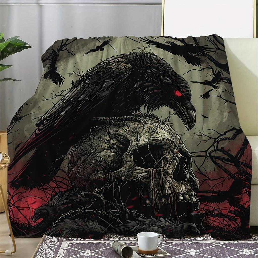 1pc Red Purple Gothic Blanket Crow  Bats Print Skin-Friendly Soft Blanket 2025 New for Gift Halloween Home Sofa Chair Decoration
