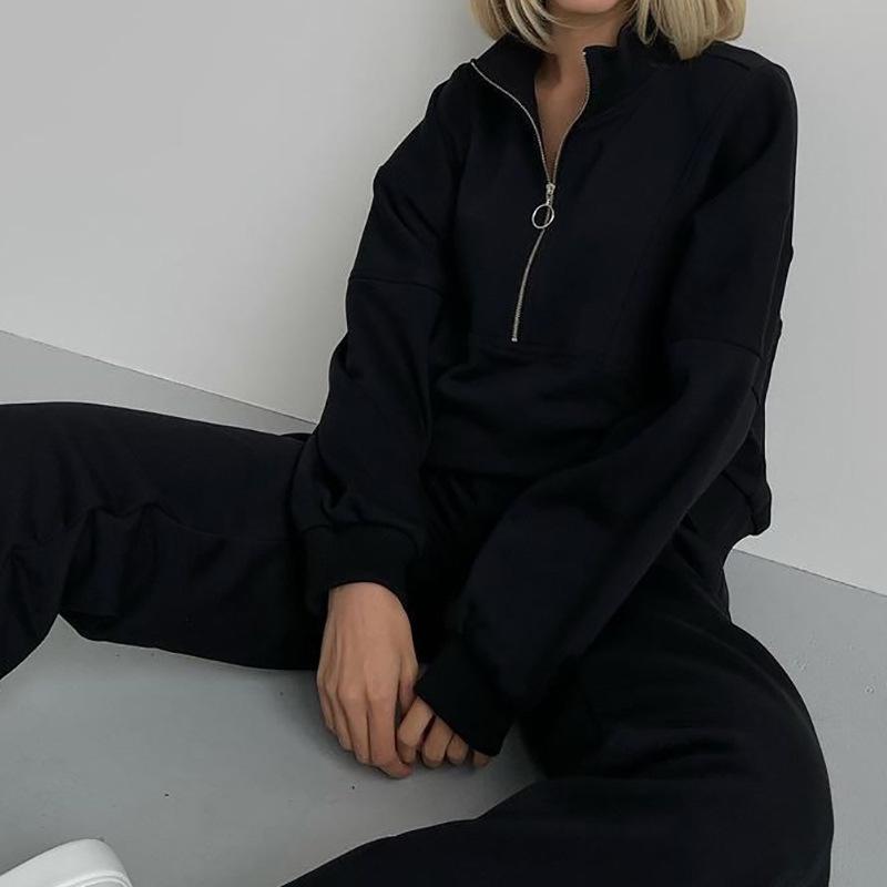 Women Casual Sport Suit New Sweatshirt Half Zip Stand Collar Long Sleeve Tops and Loose Pants Stylish Two Piece Set
