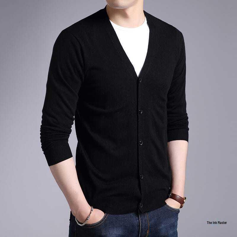 2023 Herren Koreanischer Stil Schwarzer Strick-Cardigan - Frühling/Herbst Knopfleiste Lockerer Pullover für Männer mittleren Alters