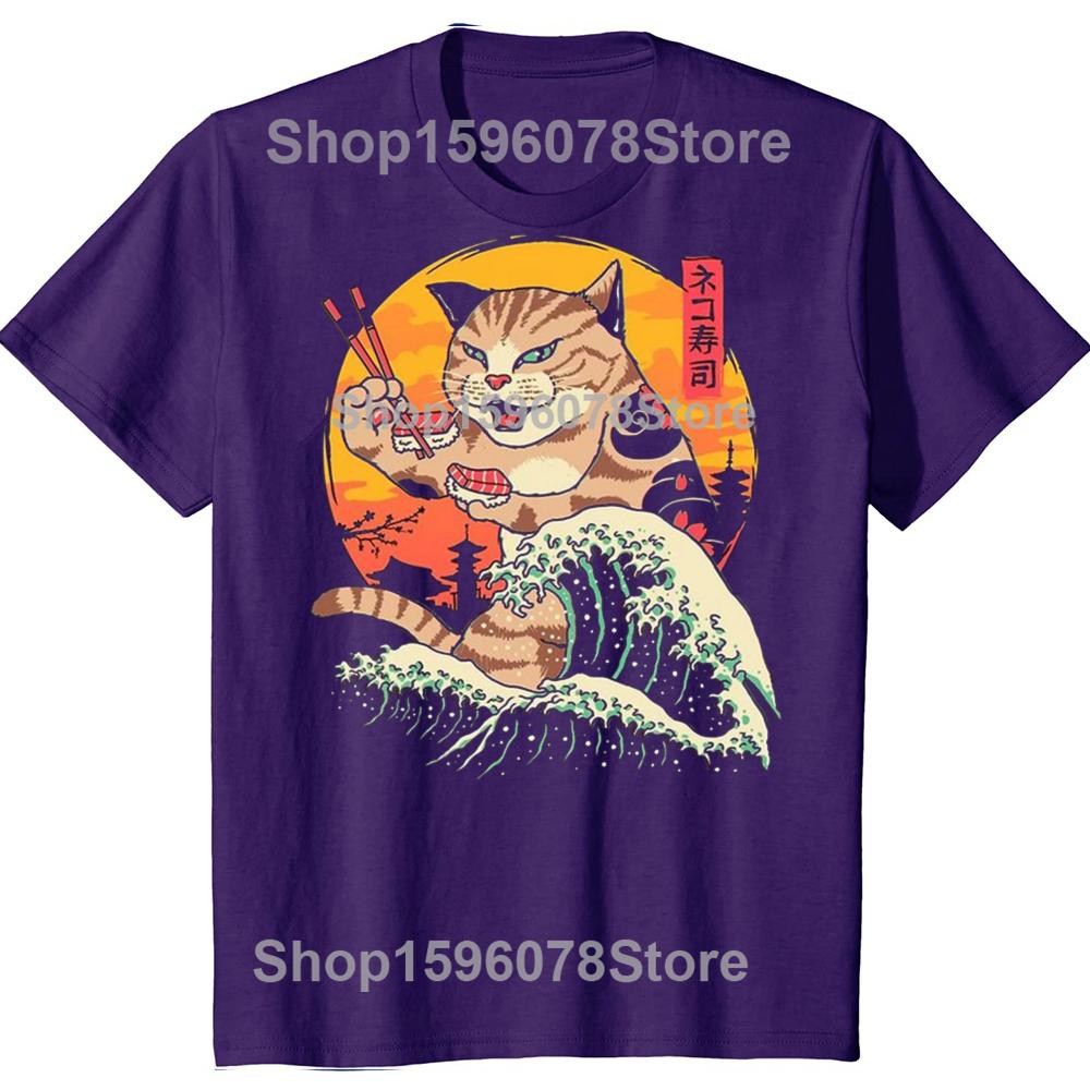 Funny Cat Eating Sushi Graphic T Shirts Men Women Pure Cotton Humor Streetwear Tee Shirt Short Sleeve Unisex Loose Clothing