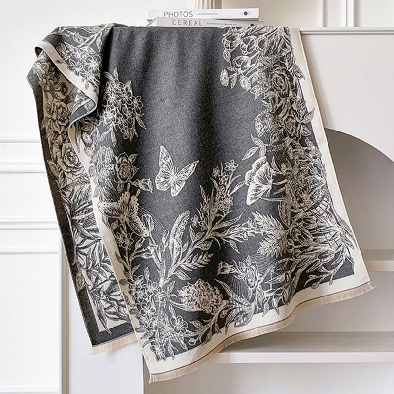 Elegant French Vintage Butterfly Print Faux Cashmere Scarf Women Warm Thick Wrap Shawl Office Winter
