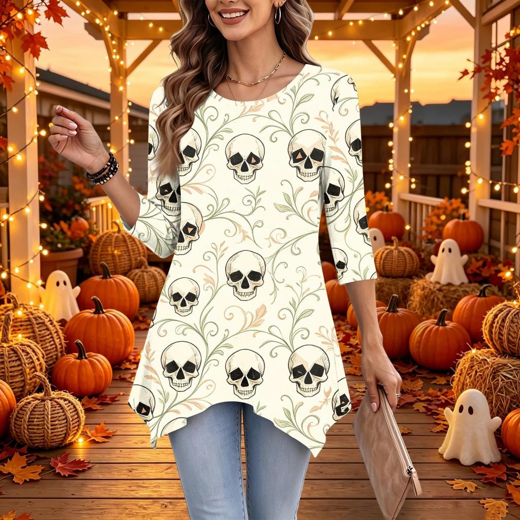 Women's Casual Halloween Print Top, Loose Fit Three-Quarter Sleeve