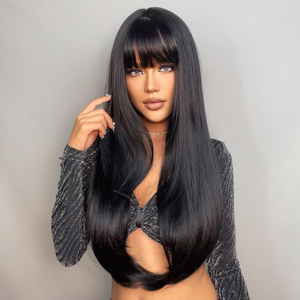 Long Straight Synthetic Wig with Bangs Dark Black Gray Hair Wigs for Women Cosplay Natural Hair Heat Resistant Layered Wigs