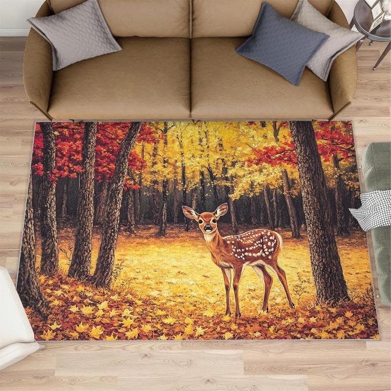 Vintage Moose Pattern Living Room Carpet Deer Pine Tree Design Rug Soft Non-Slip Mat Ethnic Style Home Decor Animal Print Rug