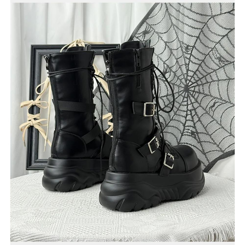 Women's Genuine Leather Platform Punk Spice Girls Short Functional Wind Medium Boots 7cm