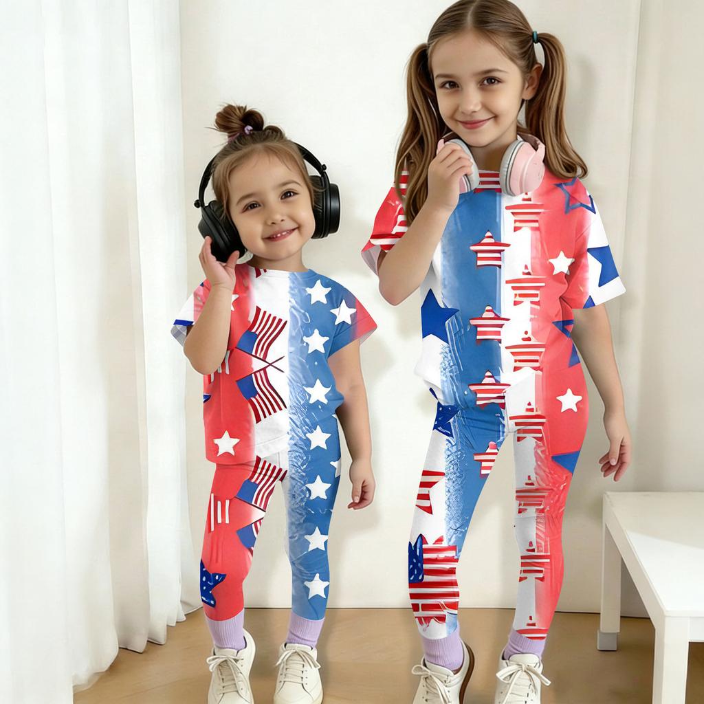 Boys And Girls Independence Day Print Set Kids Casual Short Sleeve Top And Long Pants Set