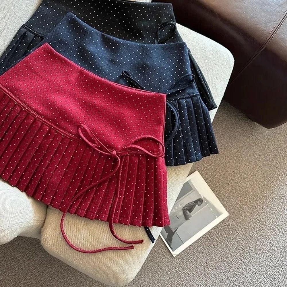 Preppy Style Pleated Skirts for Women Bowknot A-line Short Skirts Comfortable Dot Mini Skirt  Party