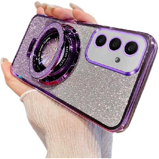 Phone Case for Samsung Galaxy S24 FE Case Glitter Bling Cute Sparkly with Ring Holder Kickstand Soft TPU Slim Clear Protective Case Cover for Samsung