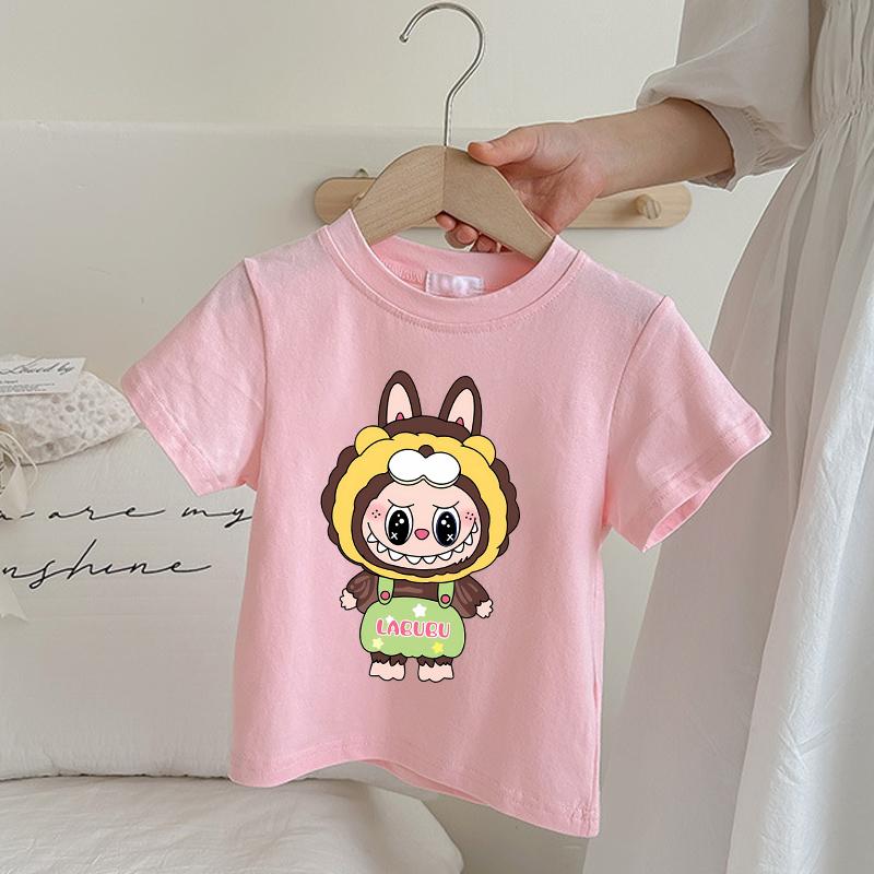 Labubu Children's Pink T-shirt Cartoon Anime Summer Short Sleeved Girl Fashion Cute Top