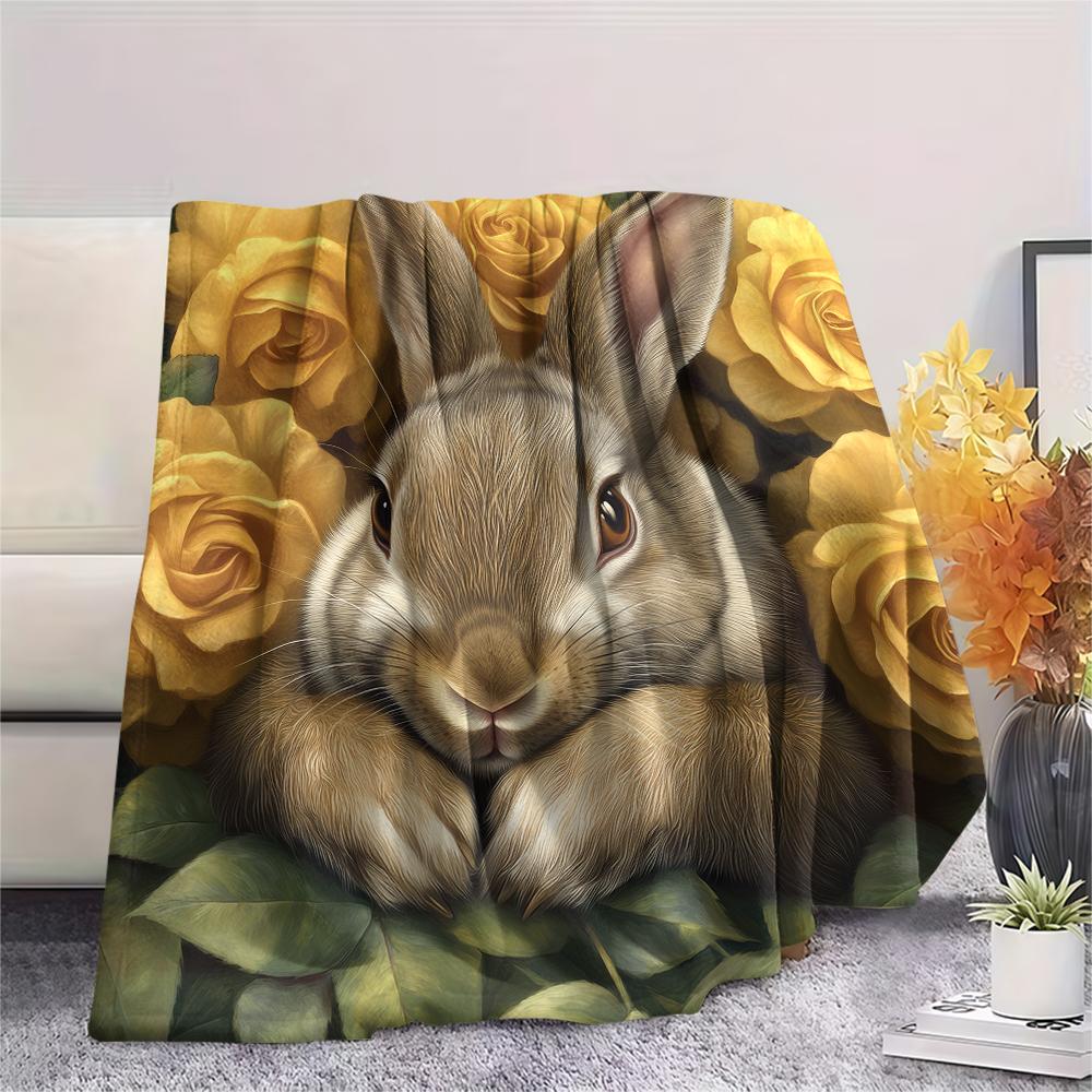 Rabbit and Flowers pattern Flannel Blanket, High quality Comfortable for All Seasons, Home Decor, Warmth and Comfort, Perfect for Gifts.
