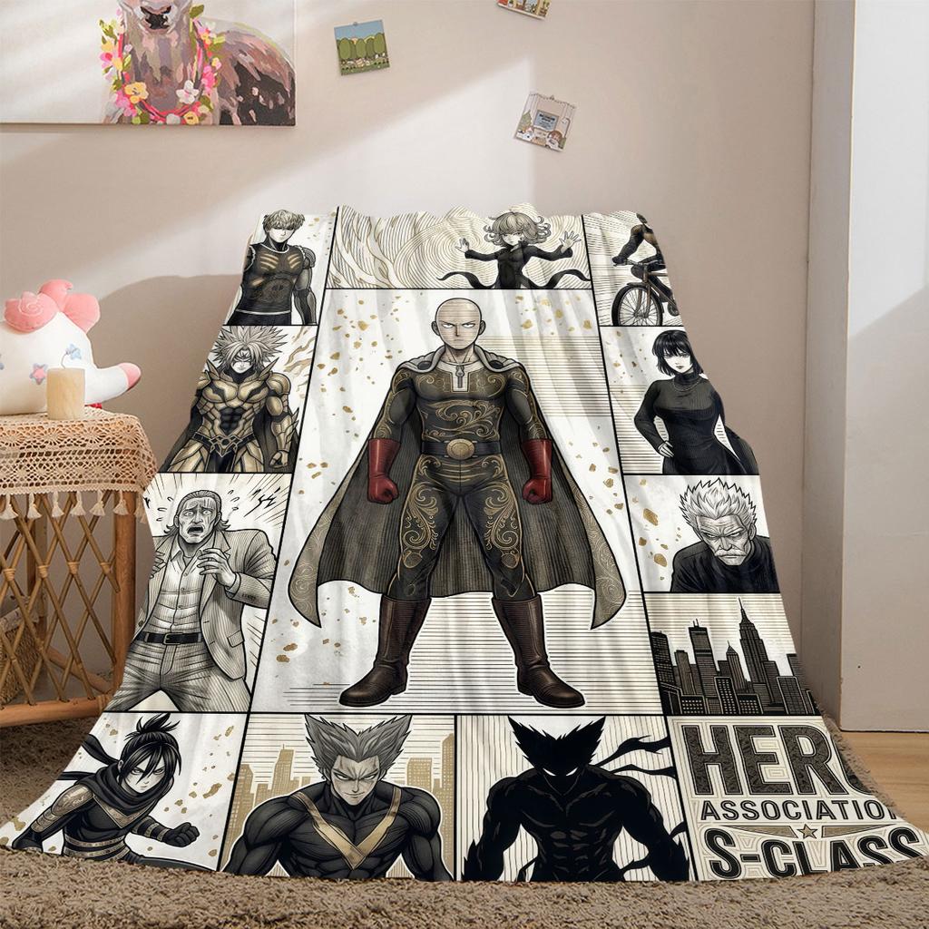 One Punch Man Home Textile Flannel Blanket, Printed Cartoon Style for Couch and Bed, Warm Comfortable Travel Throw_LIAN