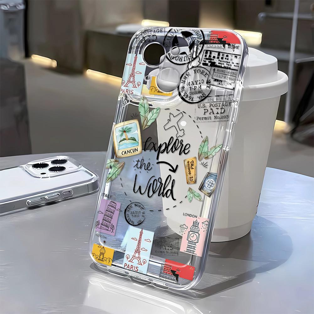 Explore the World Travel Pattern Phone Case for iPhone 17 16 15 14 13 12 11 ProMax X XS XR 7 8Plus Soft TPU Shockproof Cover
