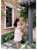 Chuqing French High-Waisted Pleated Chiffon Summer Dress - Spaghetti Strap, Long, Ruffled, Elegant Vacation Wear.