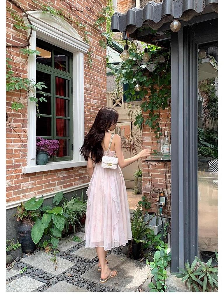 Chuqing French High-Waisted Pleated Chiffon Summer Dress - Spaghetti Strap, Long, Ruffled, Elegant Vacation Wear.