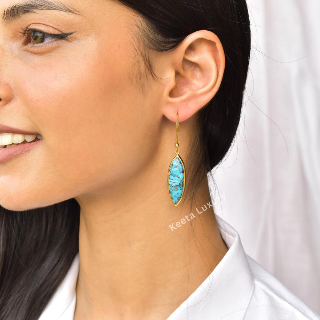 Genuine copper turquoise earrings Handmade turquoise dangle Sterling silver long earrings Marquise dangle Bridesmaid gift Gift for her