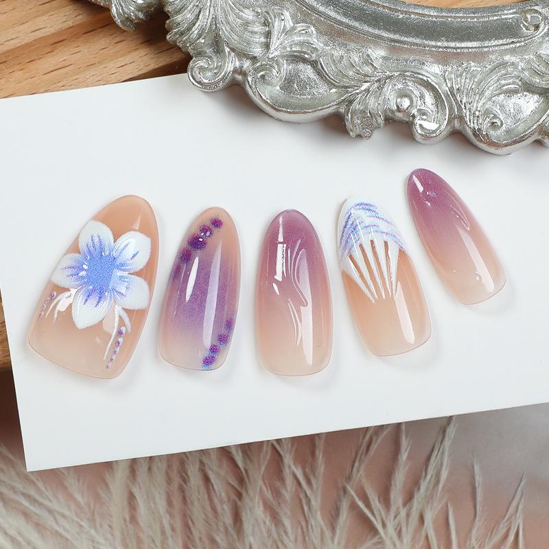30-Piece 3D Almond Manicure Nail Tips with Purple Flower and Shell Polka Dot Design