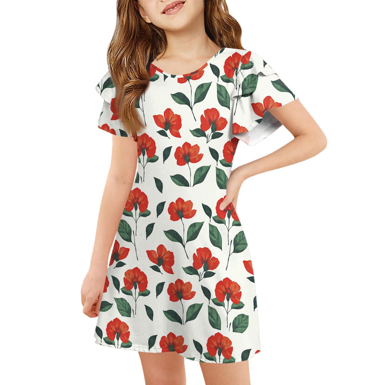 

Girls Ruffle Sleeve Dress - Round Neck Printed Sundress 160 Кіновар