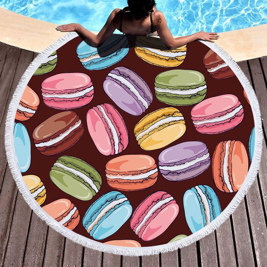 Macaron Donuts Cake Round Beach Towel Thick Shower Bath Towels Microfiber Summer Swim Circle Yoga Mat Blanket 150cm With Tassels