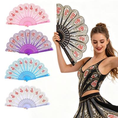 Vintage Flower Folding Fan Decorative Hand Held Fan with Plastic Ribs Portable Dance Wedding Party Fan Women Birthday