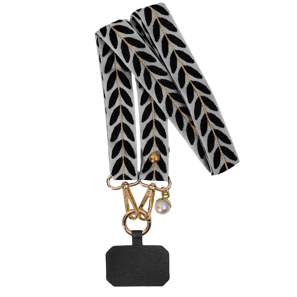 Mobile Phone Lanyard Hanging Neck Chain Crossbody Adjustable Shoulder Wide Cloth Strap Pearl Pendant Anti-lost Sling with Clip