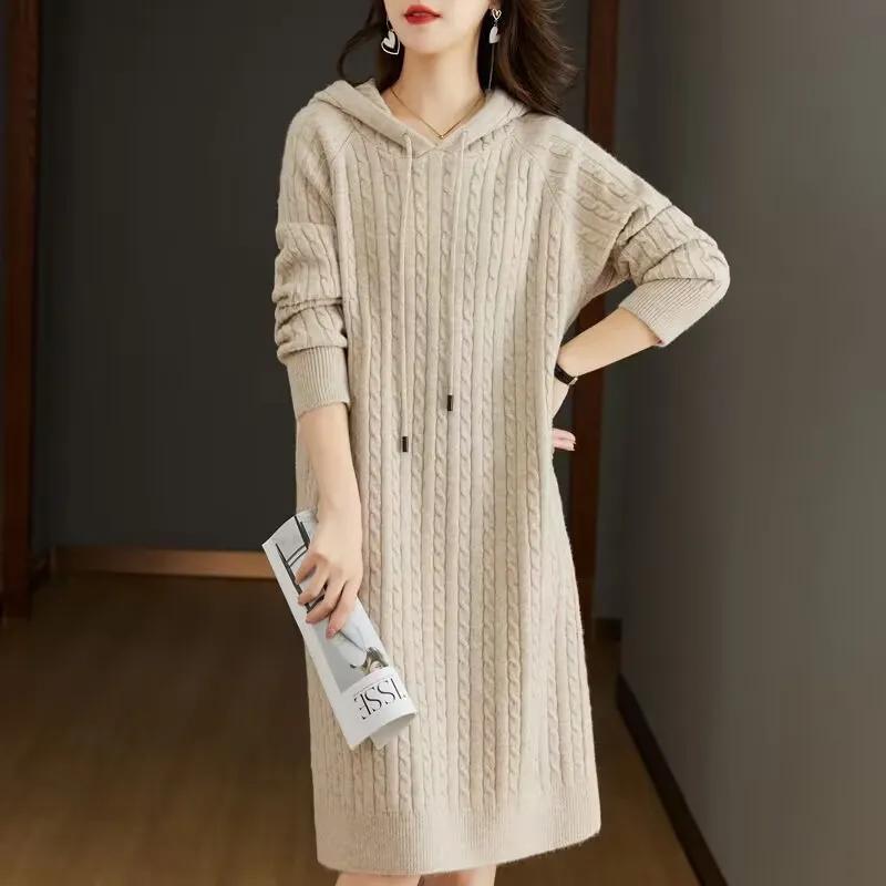 Damen Herbst- und Winter-Freizeitkleid mit langen Ärmeln, einfarbig, locker gestrickt, mit Kapuze, Unterrock