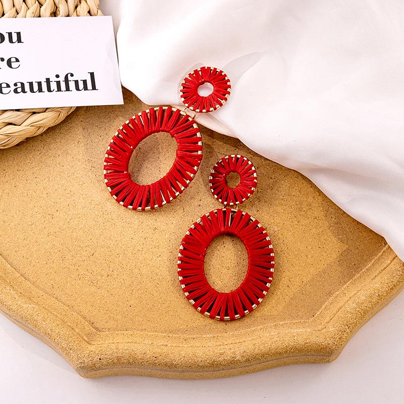 Exaggerated Oval Leather Dangle Earrings: Colorful, Hollow, Holiday Style