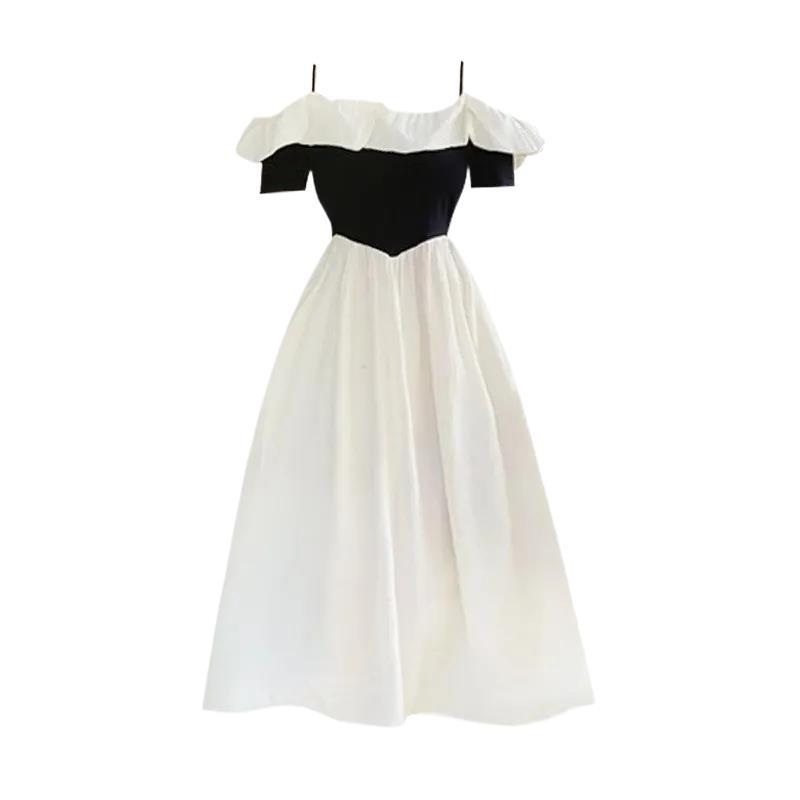 Sweet One-word Shoulder Short-sleeved Dress Female Summer French Socialite Temperament Gentle Wind Waist Fairy Medium and Long Skirt
