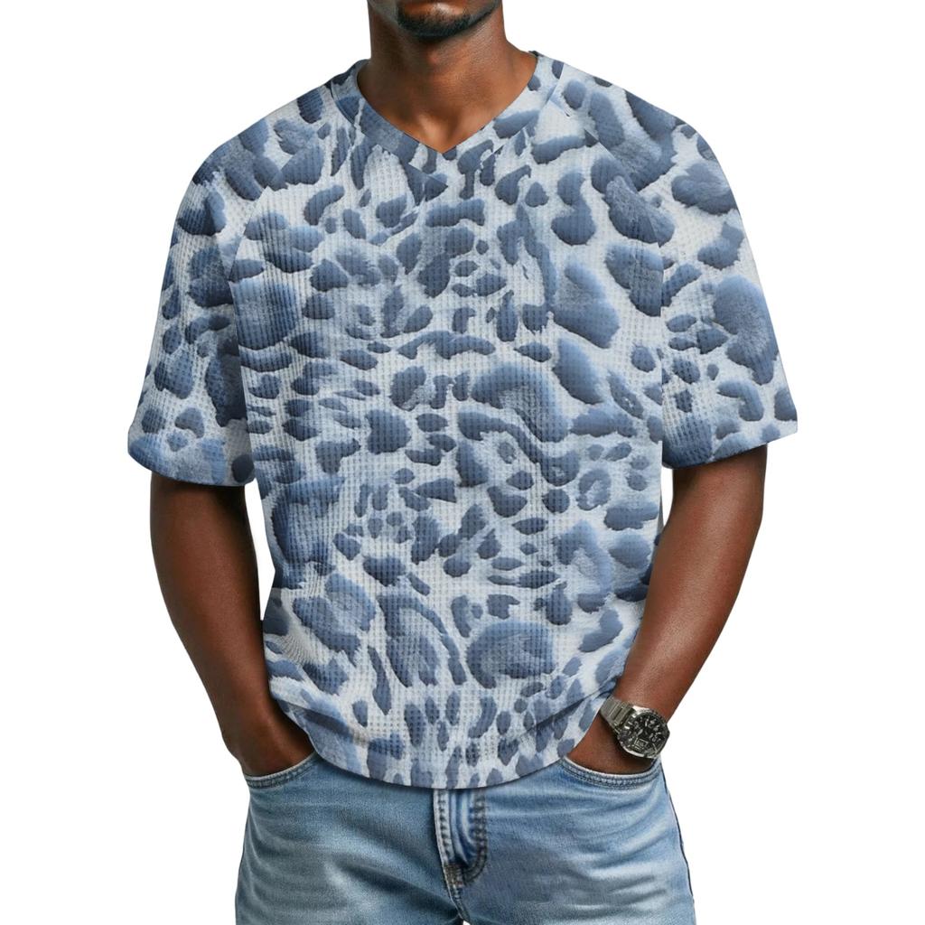 Herren T-Shirt mit Leopardenmuster, Atmungsaktives V-Ausschnitt Kurzarm Oberteil für Herren, Lässiges Mode Sommer T-Shirt