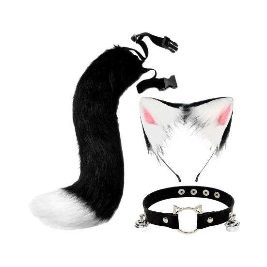 

1 комплект, поддельный лисьий хвост, повязка на голову, ошейник, набор, мягкий, пушистый, плюшевый, регулируемый обхват талии, противоскользящий, костюм для выступлений, реквизит, искусственный хвост чёрный