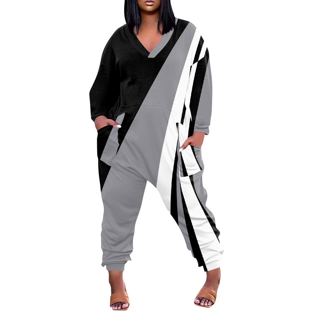 Lockerer, lässiger Jumpsuit mit V-Ausschnitt und langen Ärmeln für Damen in großen Größen