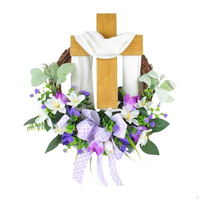 Easter Cross Wreath for Front Door, Window Hanging Garland Ornament Decorative Craft Flower Wreaths