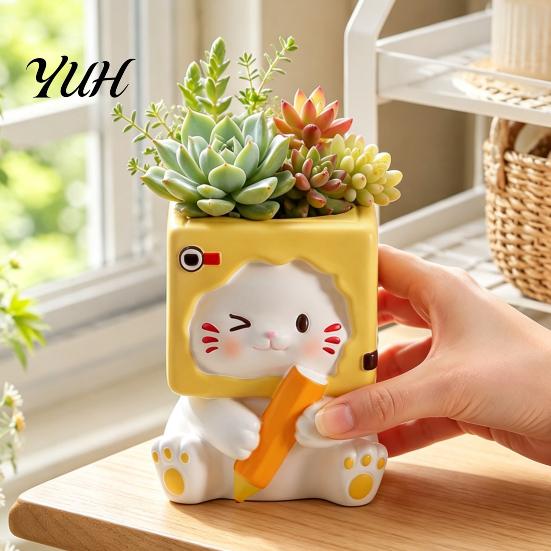Cat Resin Flowerpot Holding Pen Planter Pot, Shaped Flowerpot, Office Desk Succulents Plants Container for Home Balcony Plant