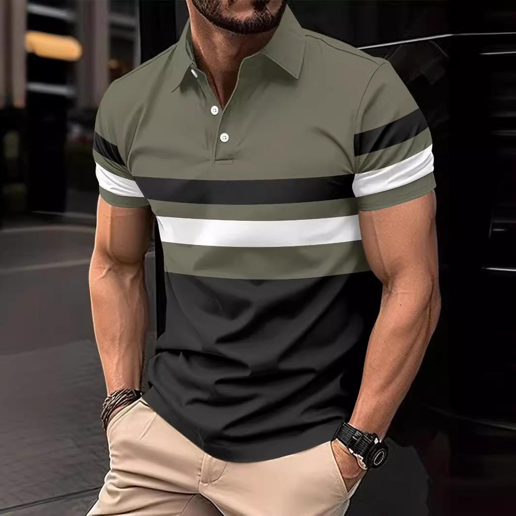 Summer new men's T-shirt daily casual lapel striped short-sleeved tops