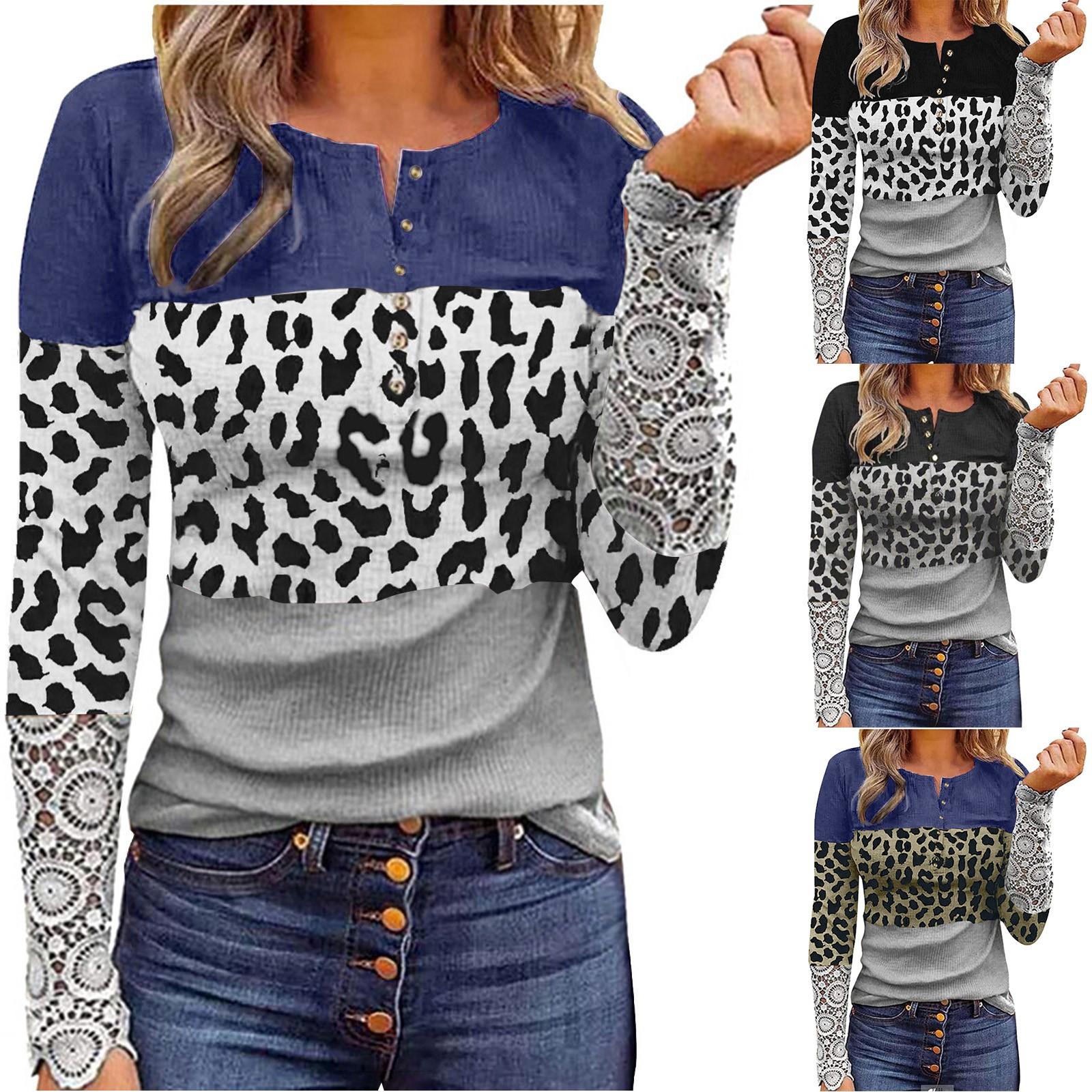 

Женская мода Лоскутная печать Кружева с длинным рукавом Повседневная пуговица Пуловер Толстовка Топ