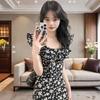 French Hepburn Black Lady Floral Dress Summer Small Flying Sleeves New Temperament Waist Skirt Long Dress