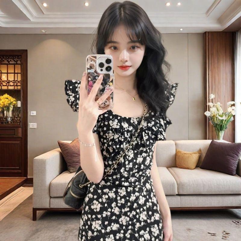 French Hepburn Black Lady Floral Dress Summer Small Flying Sleeves New Temperament Waist Skirt Long Dress