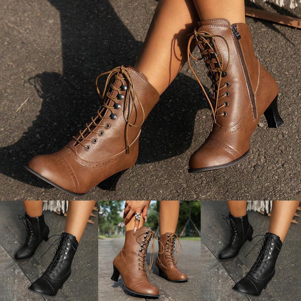 Stivali in Pelle Vintage Stivali Britannici da Donna Tacco Spesso Stivaletti Supporto per Arco Plantare a Metà Polpaccio Stivali da Donna Tacco Alto Taglia Grande