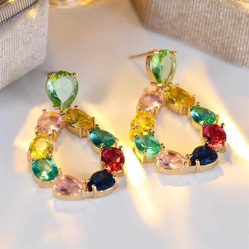 Colorful Crystal Zircon Water Drop Dangle Earrings for Women Luxury Gold Color Wedding Party Earrings Fine Jewelry