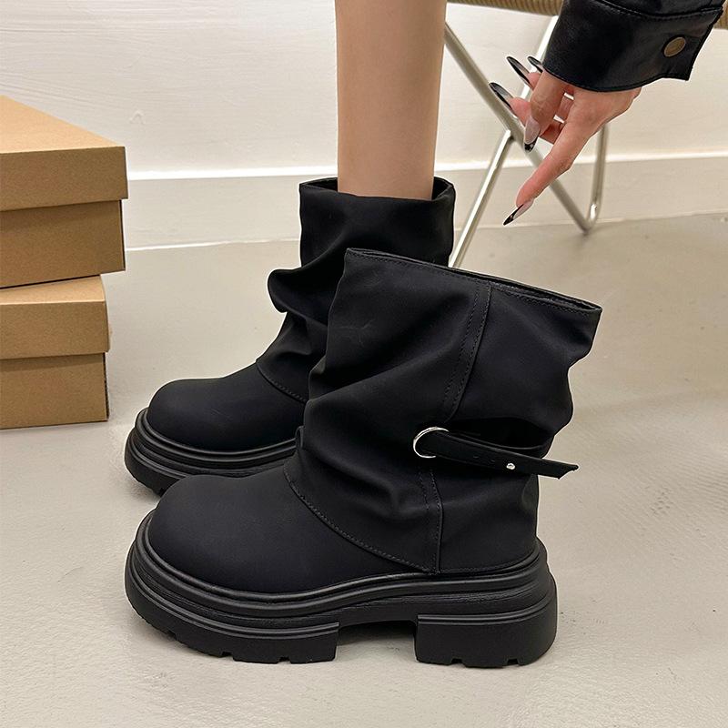 Brown Platform Martin Boots Women's New Spring and Autumn Single Boots Heightened Trousers British Style Maillard Short Boots
